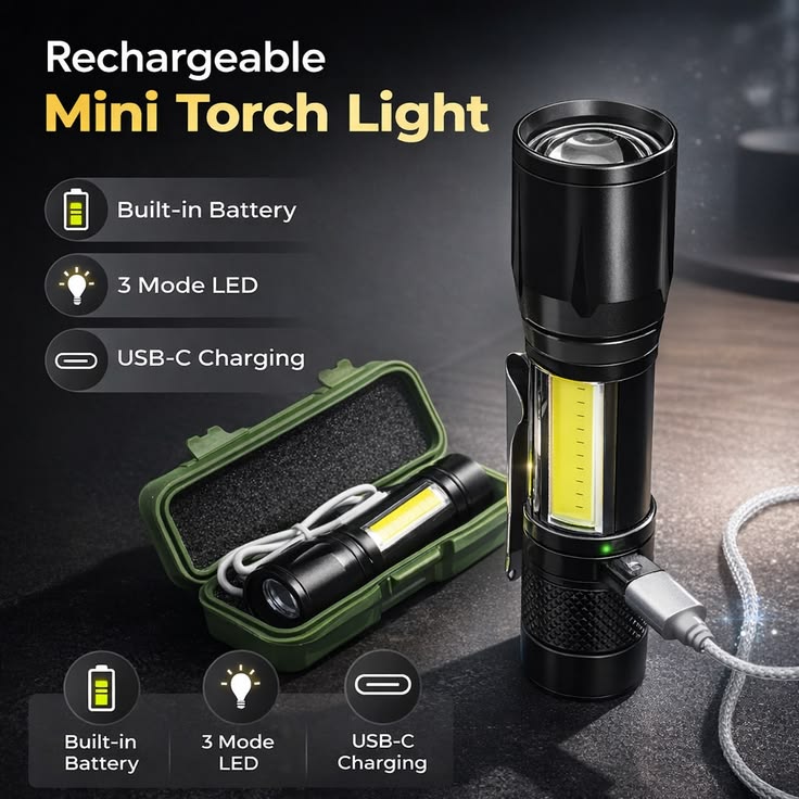 Rechargeable Mini Torch Light – USB-C Fast Charging, 3 LED Modes & Portable Waterproof Flashlight