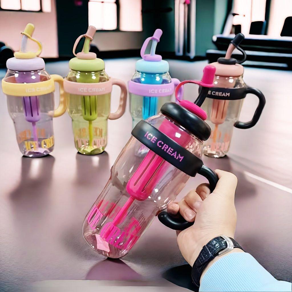 Ice Cream Tumbler Cup with Handle & Straw – Reusable Cold Drink Mug (Pink)