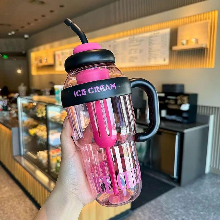 Ice Cream Tumbler Cup with Handle & Straw – Reusable Cold Drink Mug (Pink)