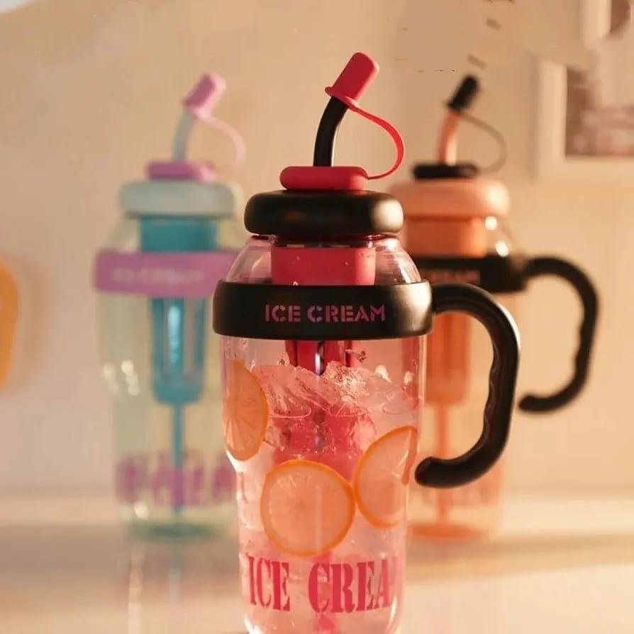 Ice Cream Tumbler Cup with Handle & Straw – Reusable Cold Drink Mug (Pink)