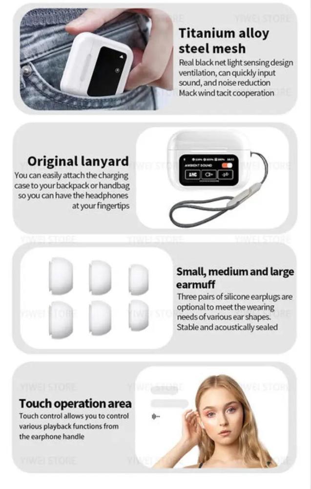 🎧 Smart Touch Screen Bluetooth Earbuds with ANC Noise Cancellation & LED Display