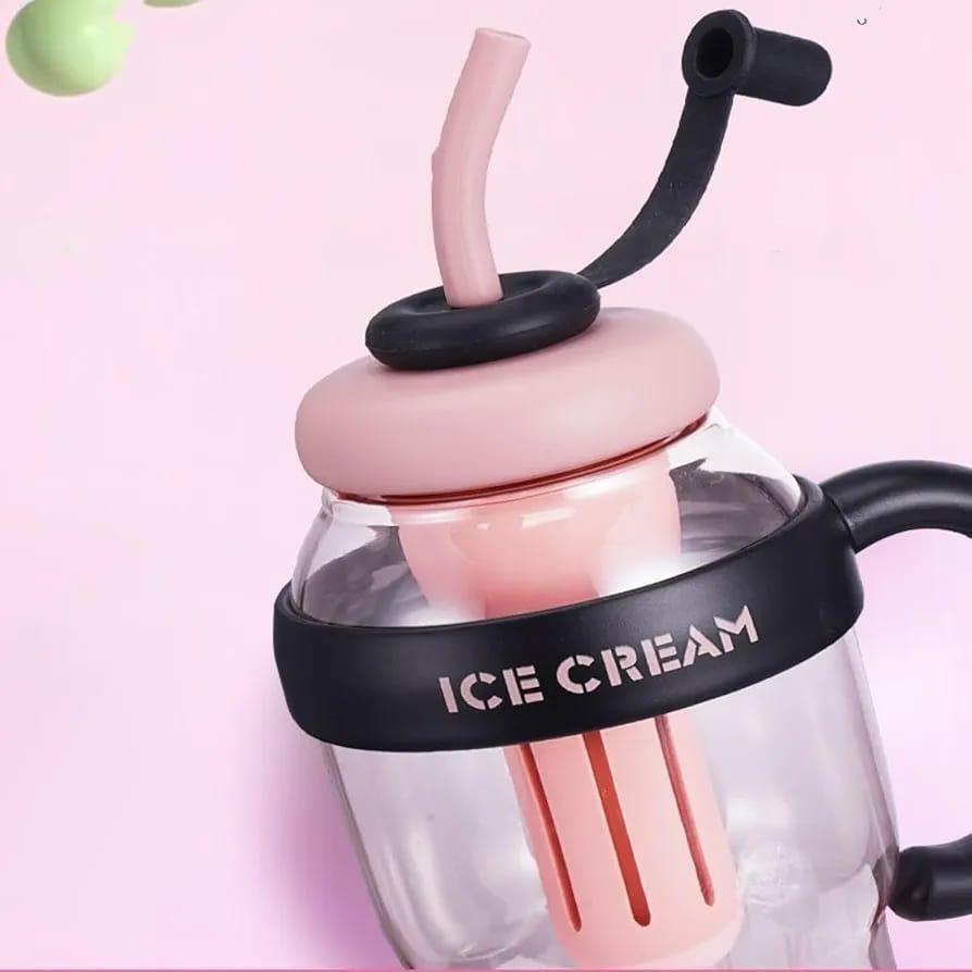 Ice Cream Tumbler Cup with Handle & Straw – Reusable Cold Drink Mug (Pink)