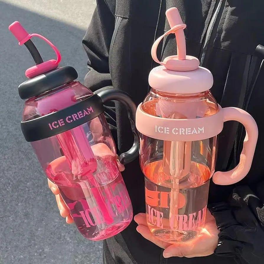 Ice Cream Tumbler Cup with Handle & Straw – Reusable Cold Drink Mug (Pink)